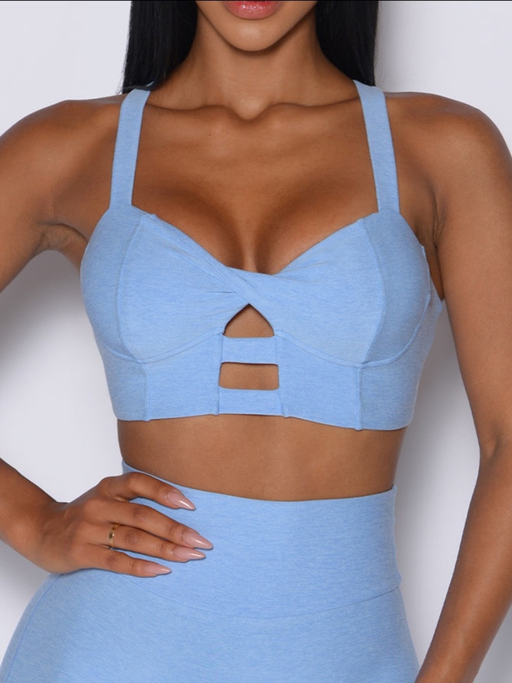 Bombshell Sportswear Light Blue Front Cutout Longline Sports Bra
